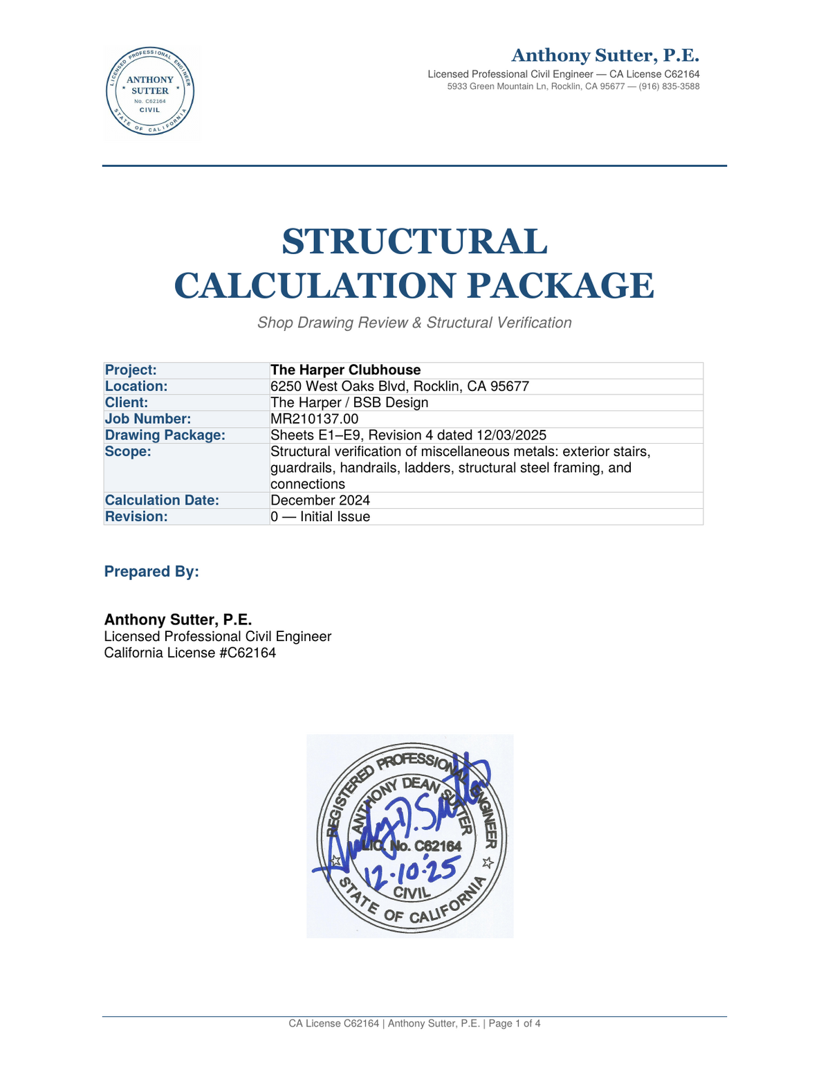 Harper Clubhouse Structural Calculation Package Cover with PE Stamp